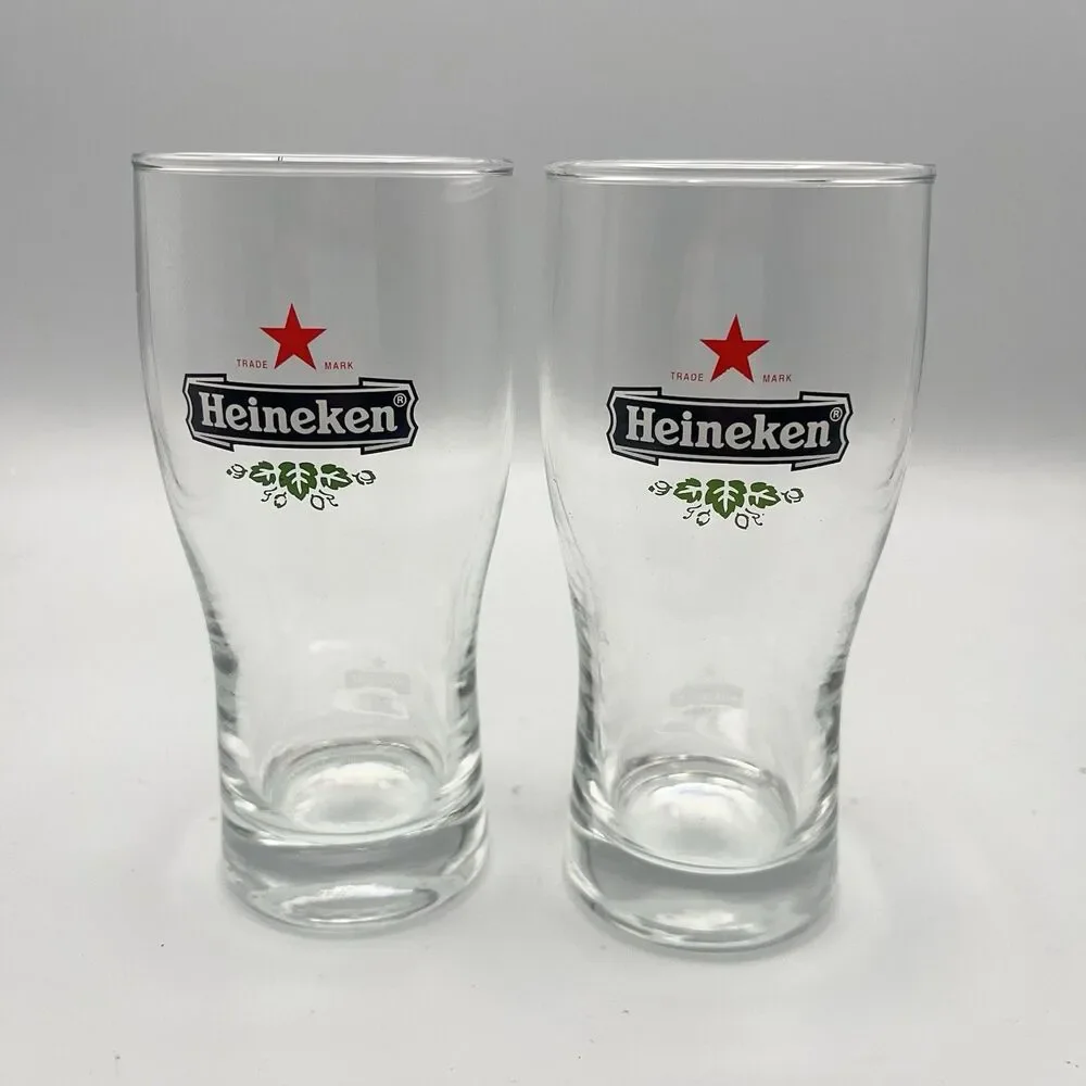Heineken Beer Glasses .25L Red Star Etched Logo Reverse Bottom And .25L On Side
